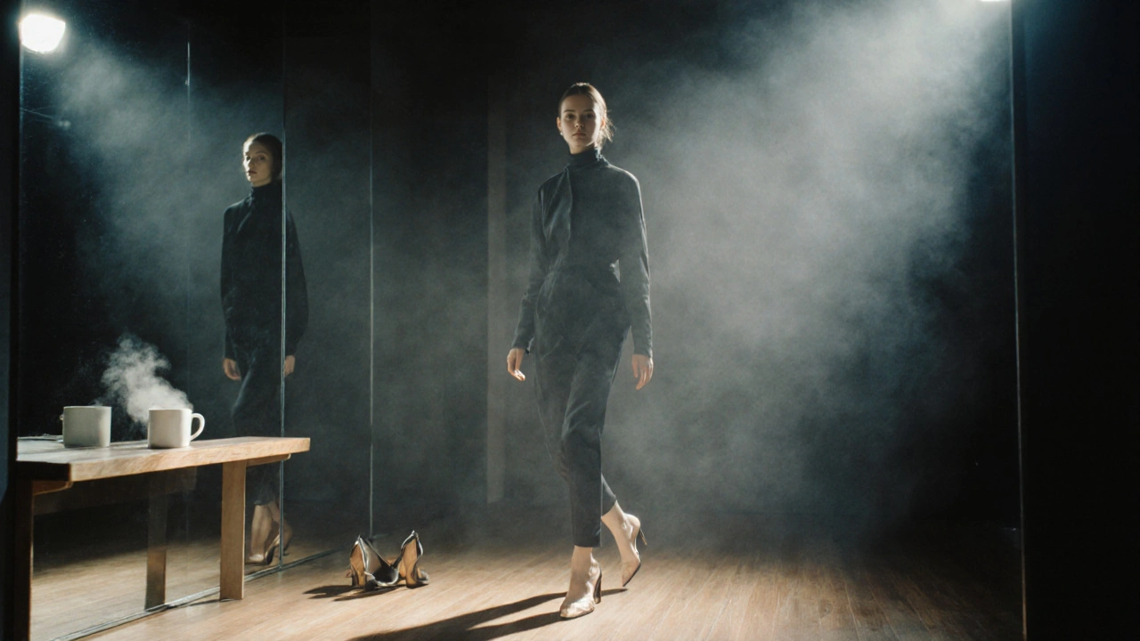 A model practicing her runway walk in a studio with mirrors, focused and barefoot, heels nearby, soft spotlight highlighting her posture.