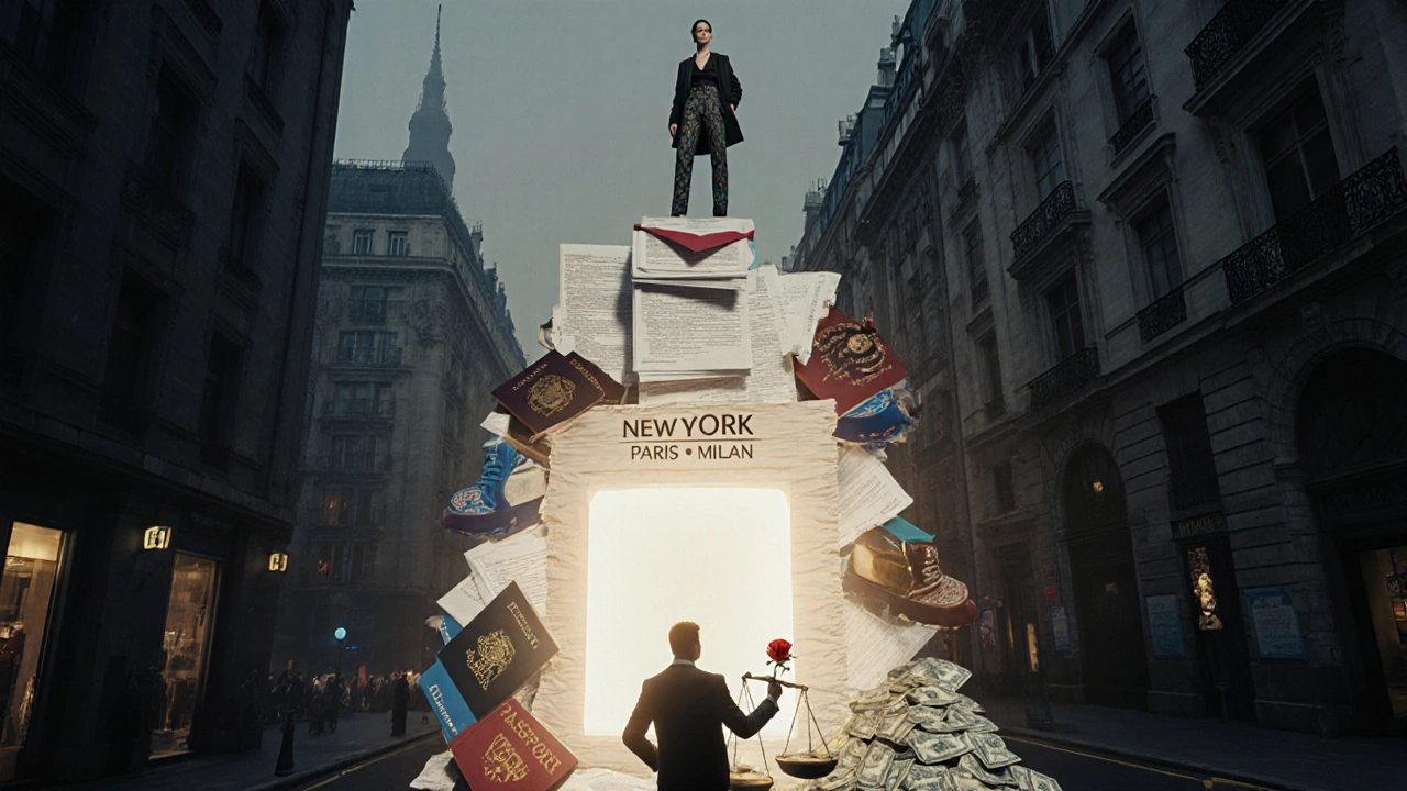 A model reaches toward international fashion capitals while standing on a stack of contracts and shoes, symbolizing career growth.