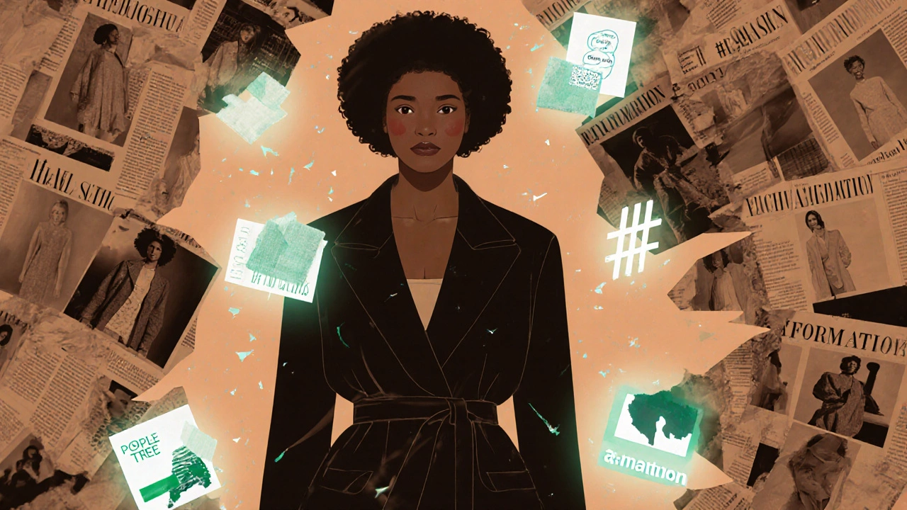 A model surrounded by digital symbols of authenticity—stretch marks, linen, and sustainable brand logos—against fading fashion magazines.