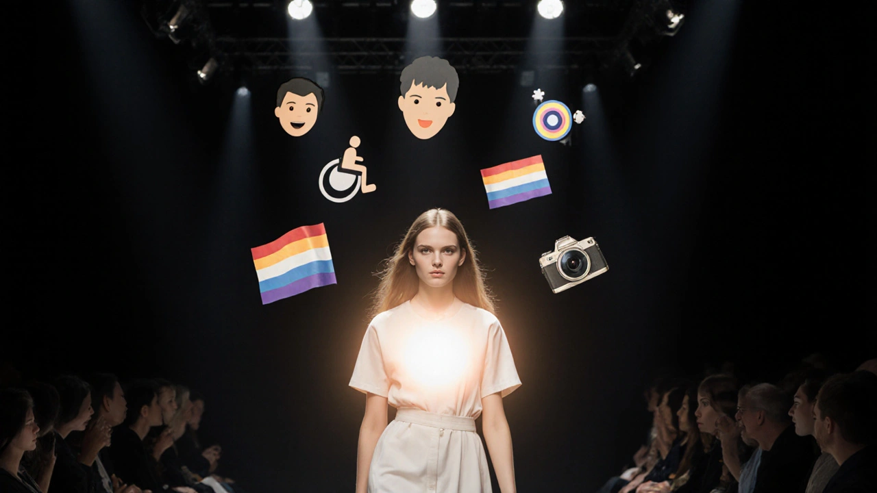 A model walking a runway as a glowing voice emerges from her chest, surrounded by floating symbols of diversity and authenticity.