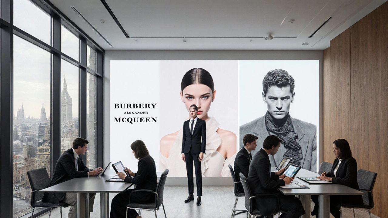 A modern London modeling agency office with professionals reviewing portfolios and global brand campaigns on display.