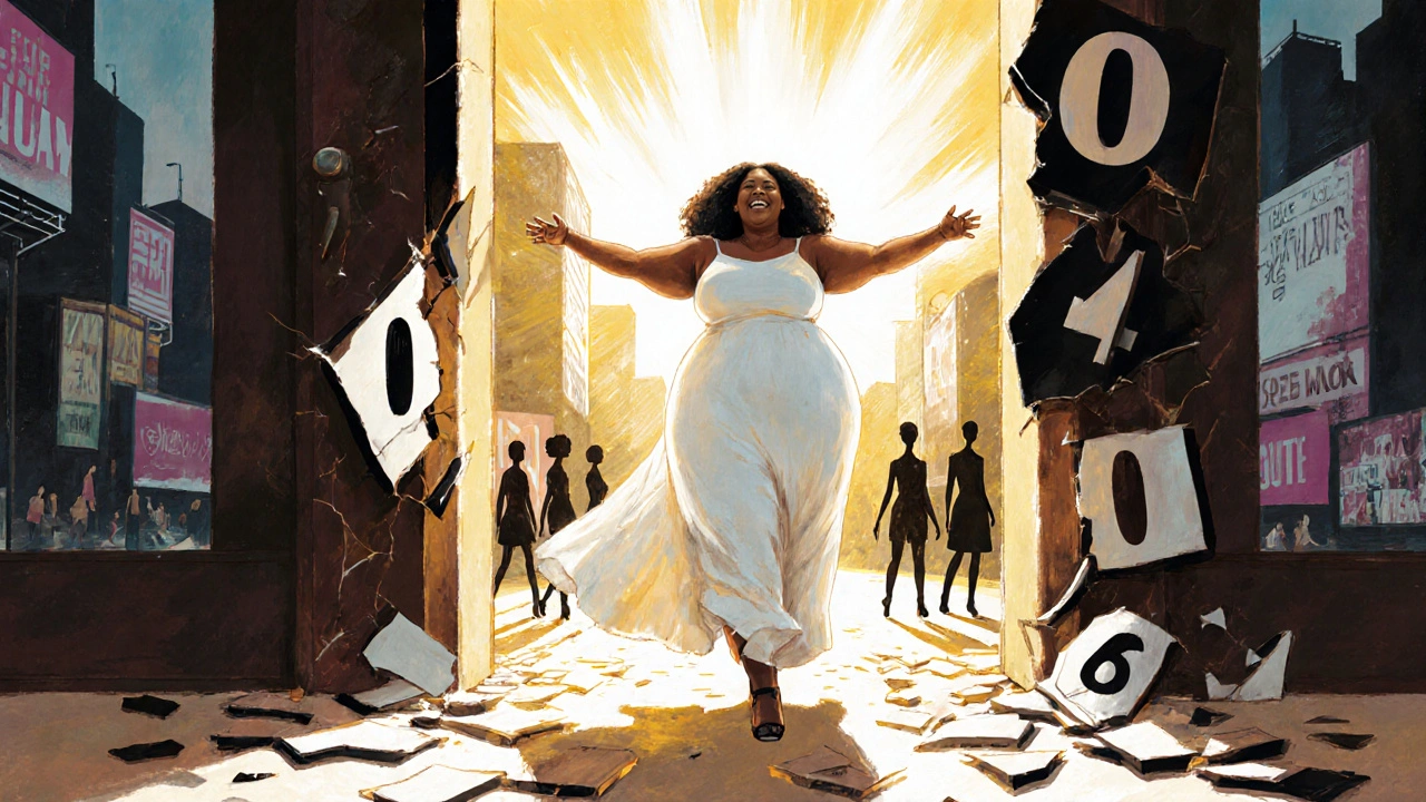 A plus-size model standing before a door made of broken size tags, light pouring through.