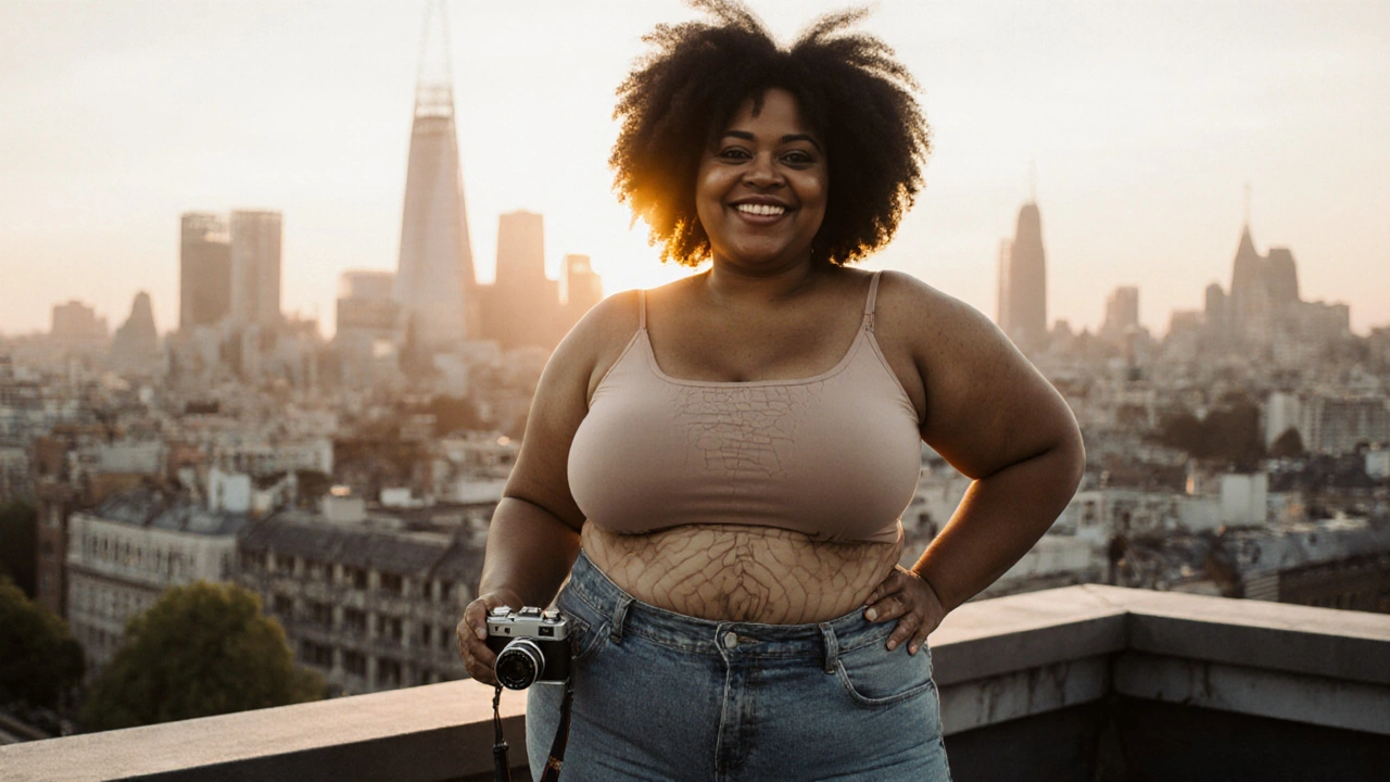 A plus-size queer model poses barefoot on a rooftop at sunset, stretch marks visible, smiling with a vintage camera.