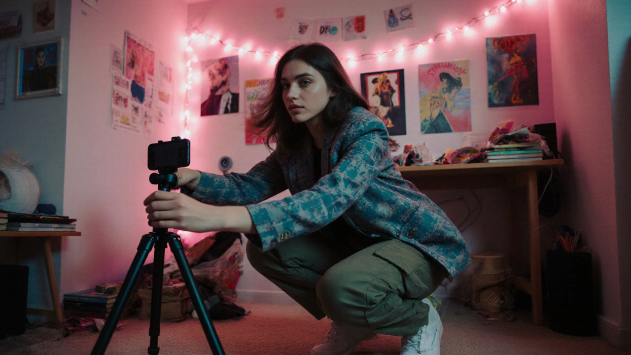 A teen model films a TikTok video in her bedroom, squatting to pick up her phone while wearing thrifted fashion and soft LED lights in the background.