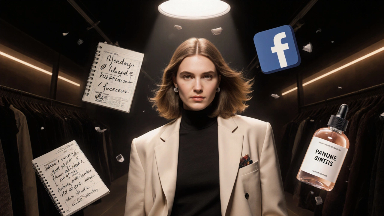 A woman in her 30s standing confidently in luxury fashion, surrounded by symbols of her journey from rejection to self-made success.