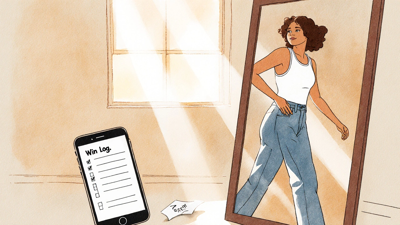 A woman practices her runway walk in front of a mirror at dawn, sunlight highlighting her focused expression.