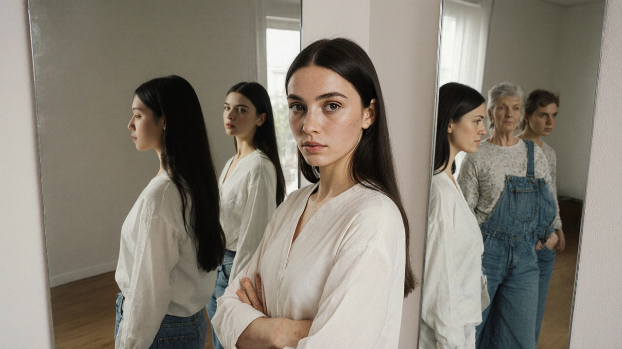 A woman stands before mirrors reflecting past modeling ideals, her real self radiating authenticity and confidence.