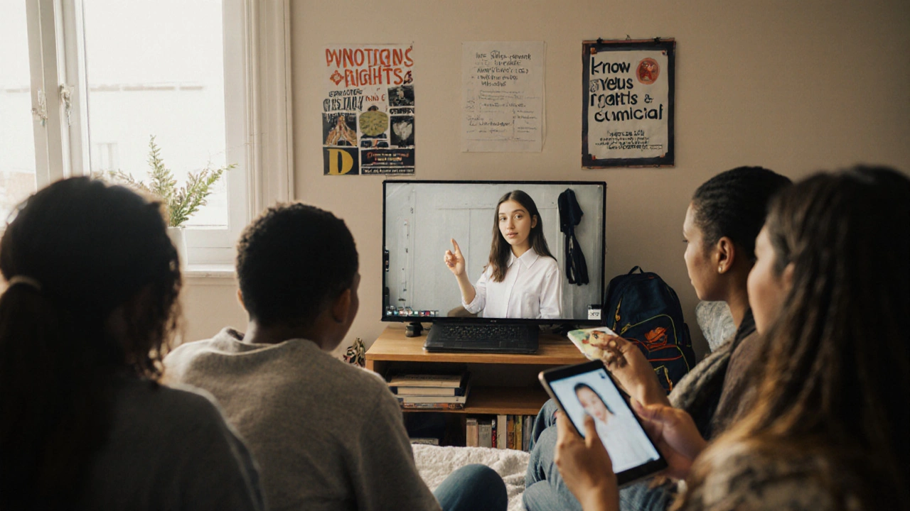 A young teen teaches a virtual modeling workshop to other teens, surrounded by educational posters and natural light.