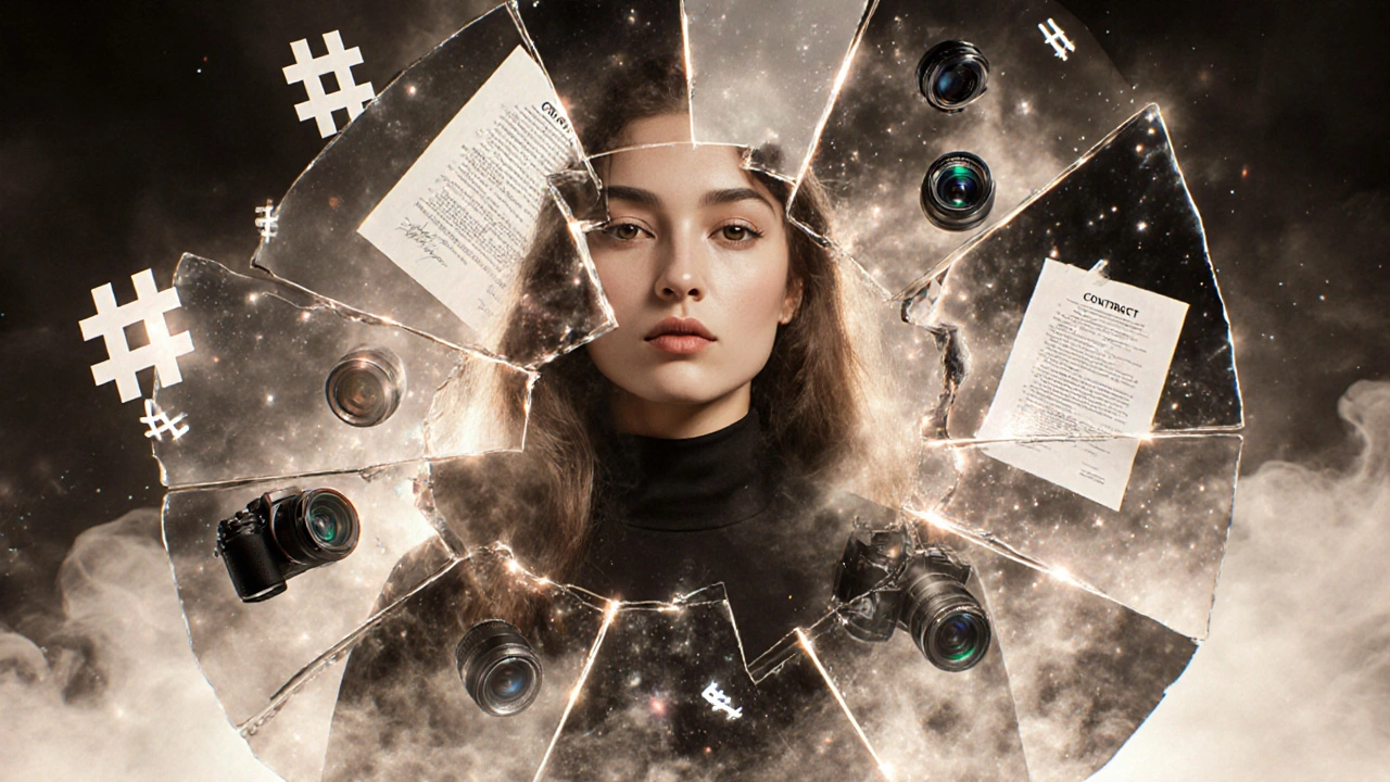 A young UK model reflected in fractured mirrors showing different facets of modern modeling.