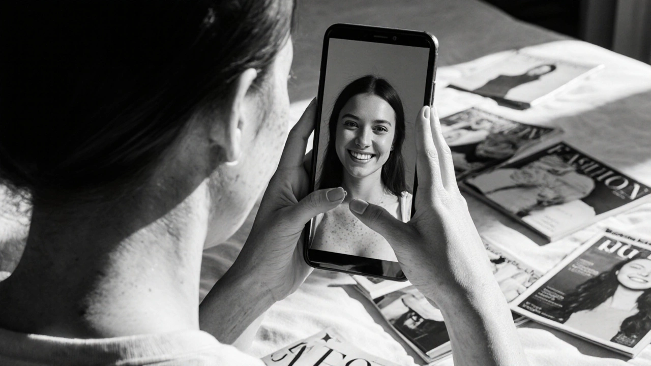 A young woman taking an unedited selfie in her bedroom, visible skin texture, surrounded by discarded airbrushed magazine covers.