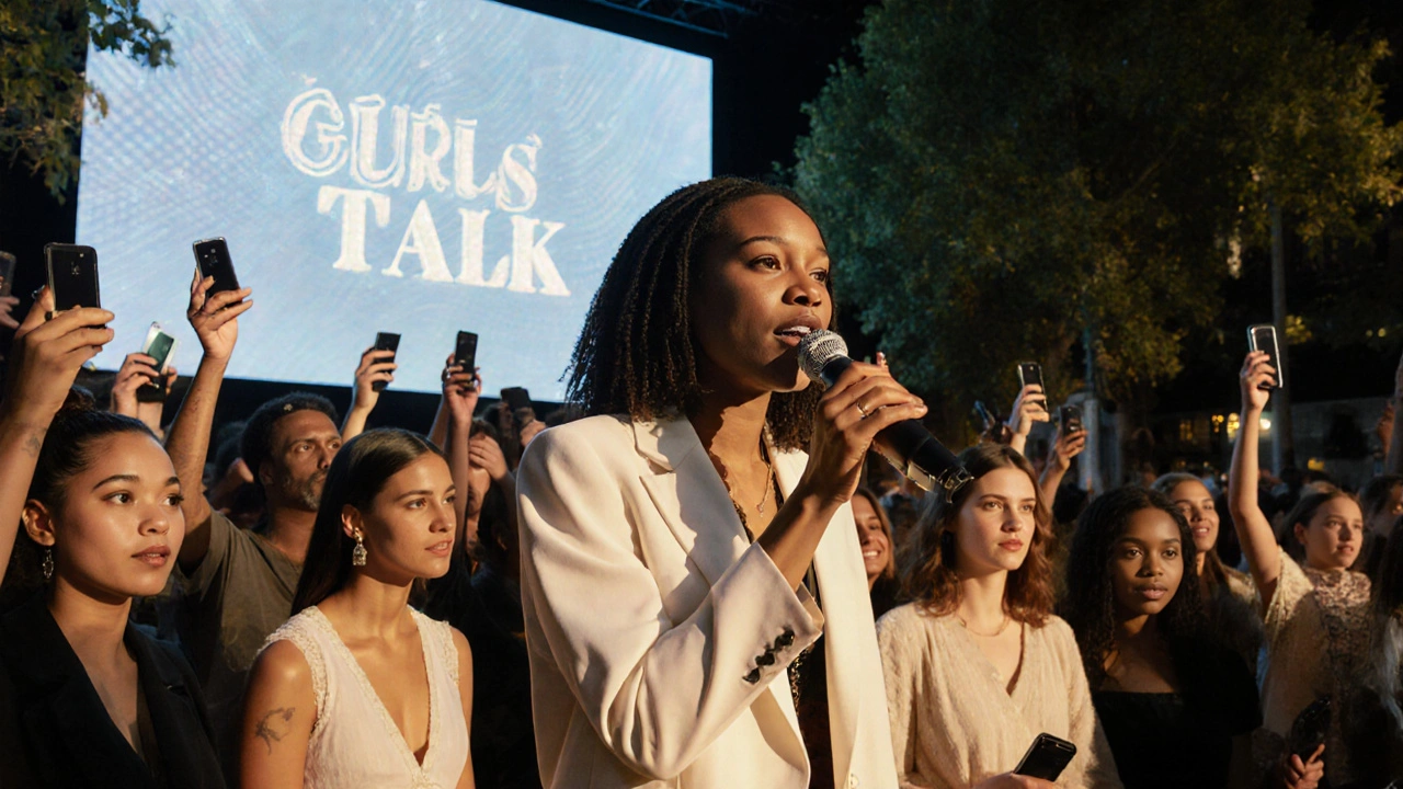 Adwoa Aboah speaking at a fashion event surrounded by diverse models, with &#039;Gurls Talk&#039; displayed on a screen.