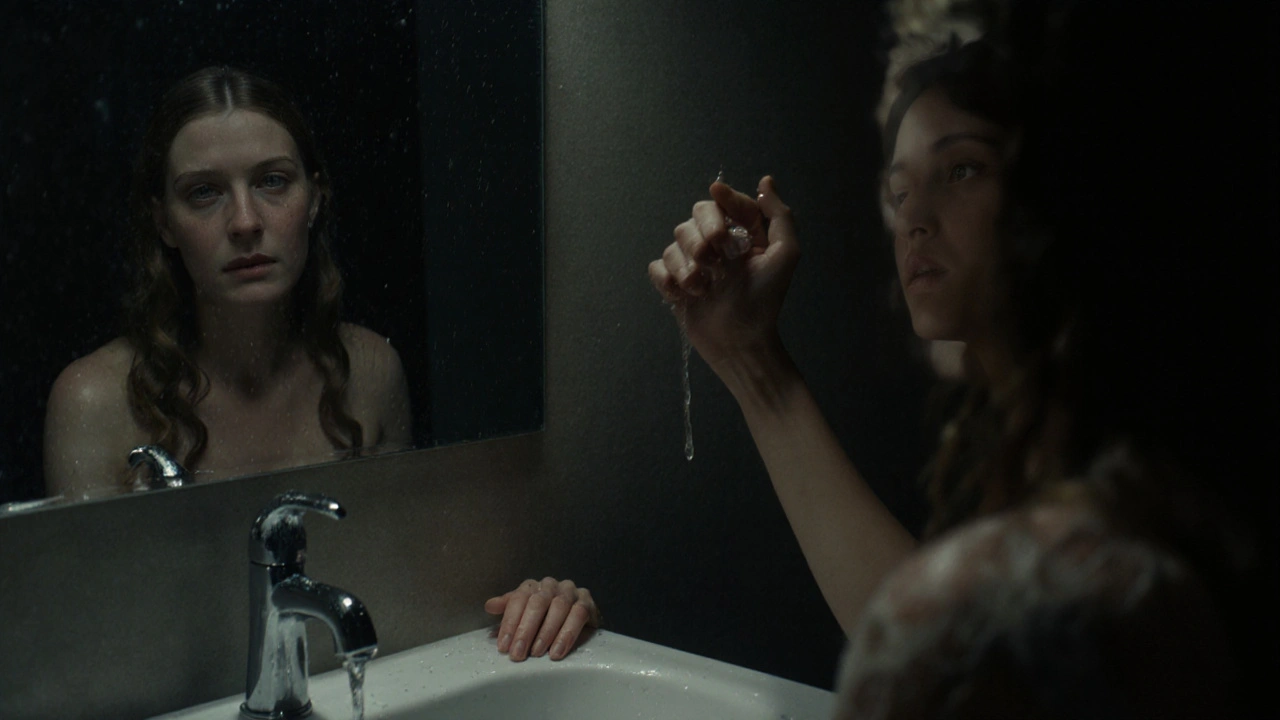 Amber Heard in a rainy bathroom, tears barely visible, conveying deep emotion without words.