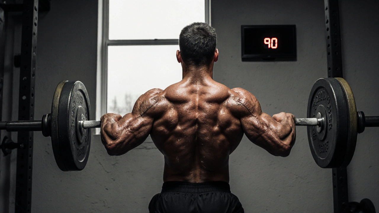 Athlete performing a heavy barbell squat in a home gym, focused, sweat on skin, precise form.