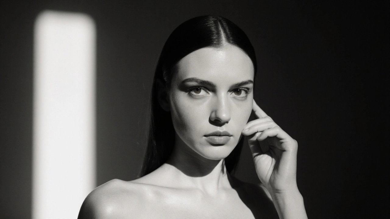 Close-up of model with intense gaze, hand near cheek, one hand behind back, single light shaft.