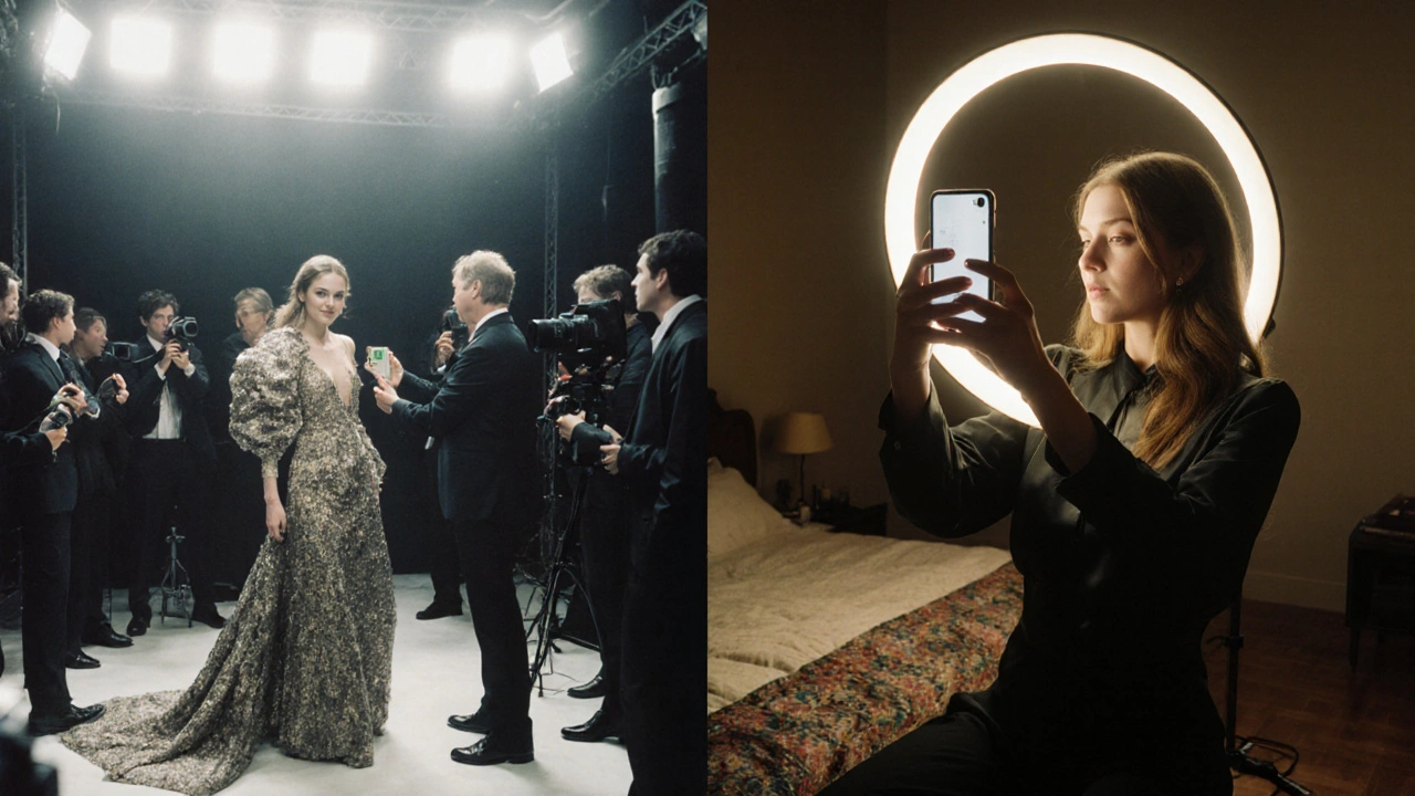 Contrasting 1990s studio photoshoot with modern smartphone shoot in a bedroom.