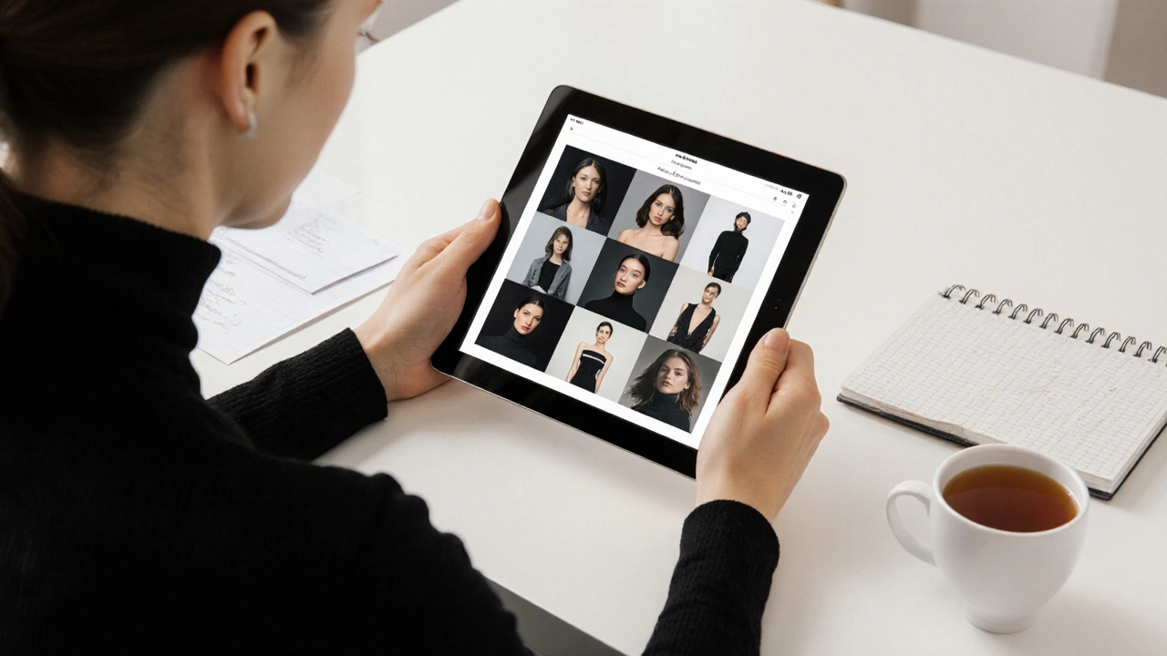 Digital portfolio on tablet showing professional model photos on a clean desk.