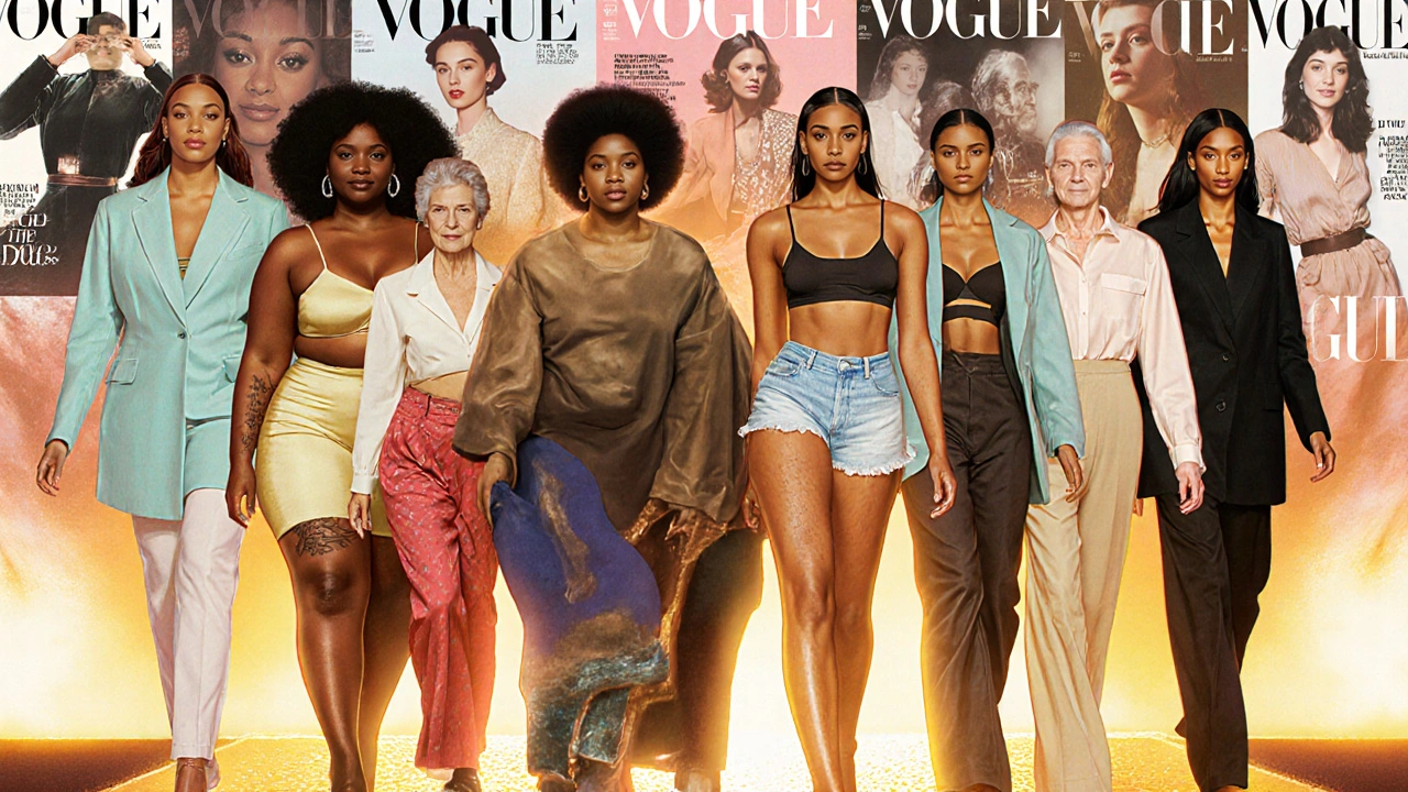 Diverse female models of all sizes, ages, and backgrounds walk together on a modern runway, celebrating body diversity.