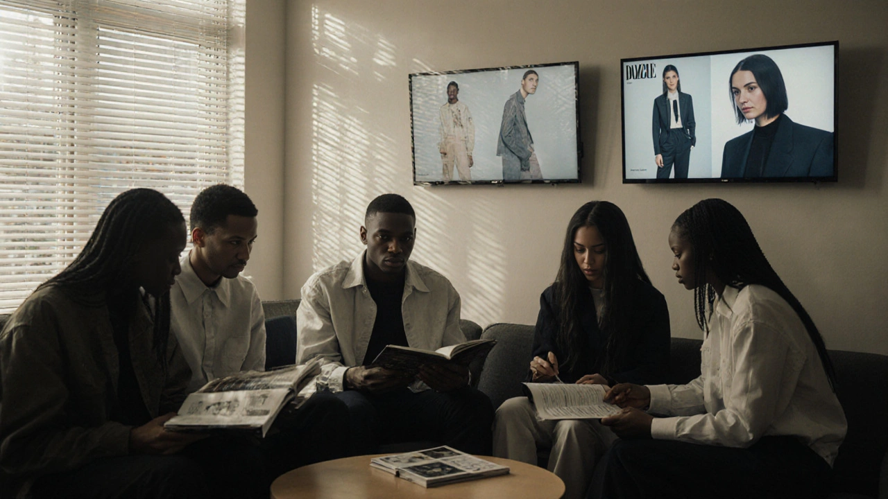 Diverse models in a regional agency waiting room, reviewing editorial lookbooks under soft daylight.