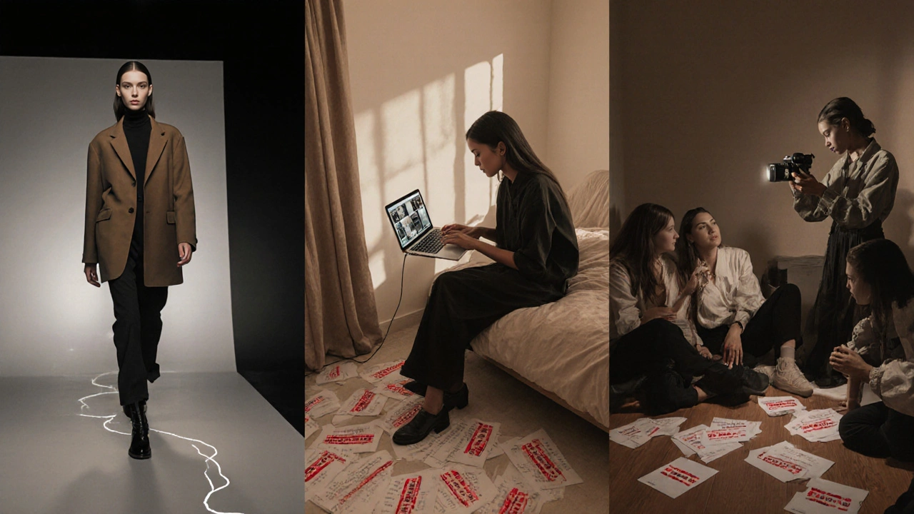 Diverse models in quiet moments of persistence: printing photos, walking on runway, taking self-portraits with friends.