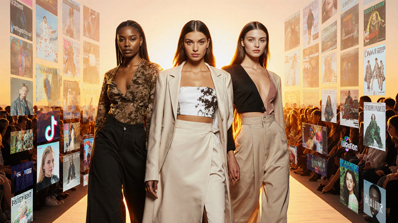 Diverse models standing proudly on runway, backgrounds blending social media and fashion icons under golden light.
