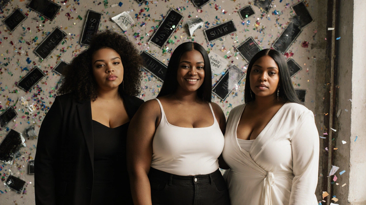 Diverse plus size models posing confidently together in natural light for Savage X Fenty campaign.