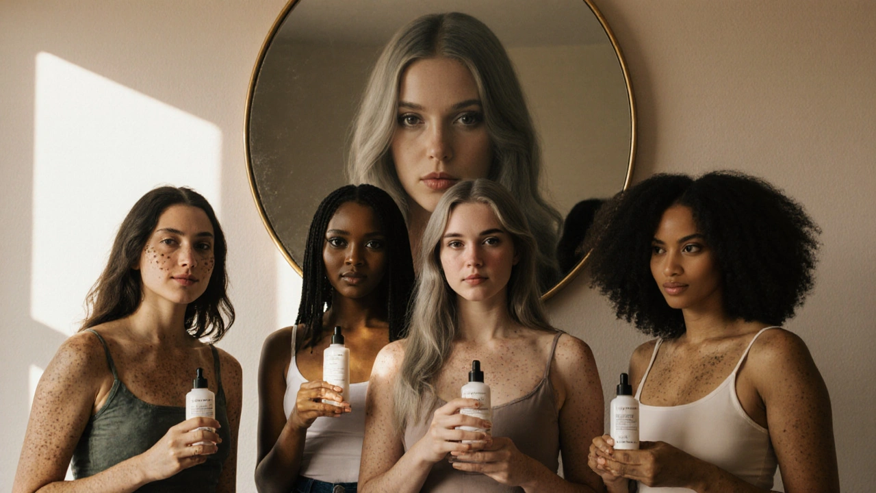 Diverse women with natural skin and features holding real beauty products, with a fading retouched model reflection in the mirror.