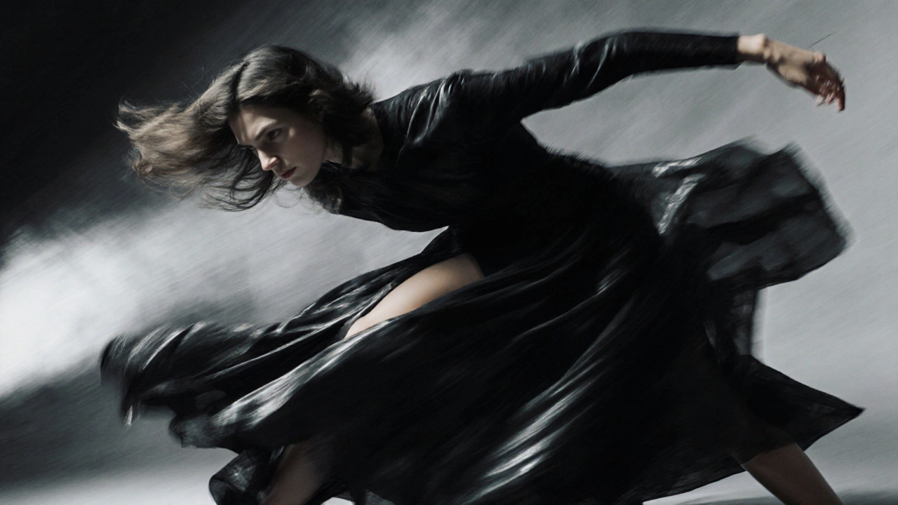 Fashion model in motion, leaning forward with extended arm and flowing fabric, dramatic lighting.