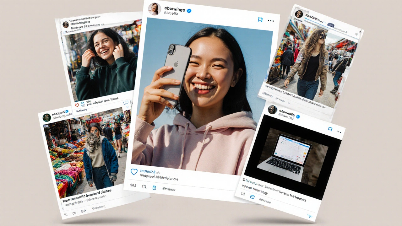 Five candid moments from a model&#039;s social media content displayed as floating posts.