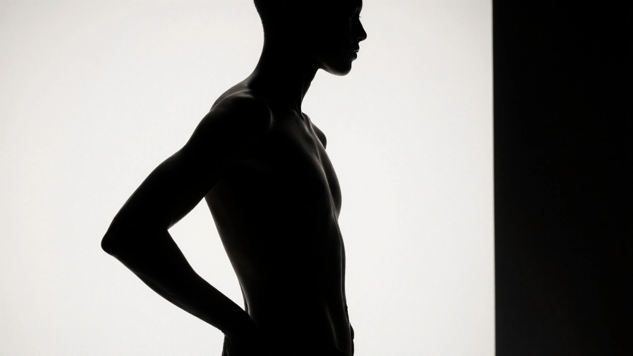 Full-body profile pose with dramatic side lighting emphasizing natural contours and silhouette.