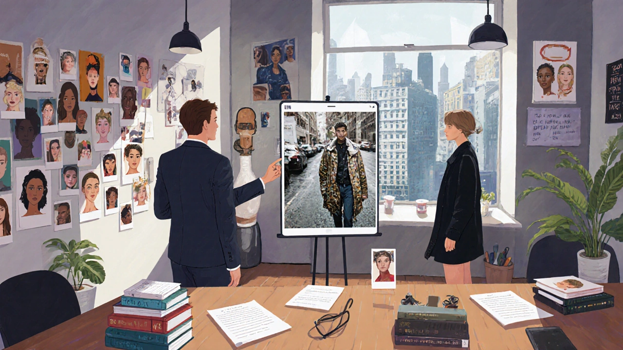 Model agency office with mood boards, Polaroids, and an agent pointing to a social media screen showing a viral Instagram post.