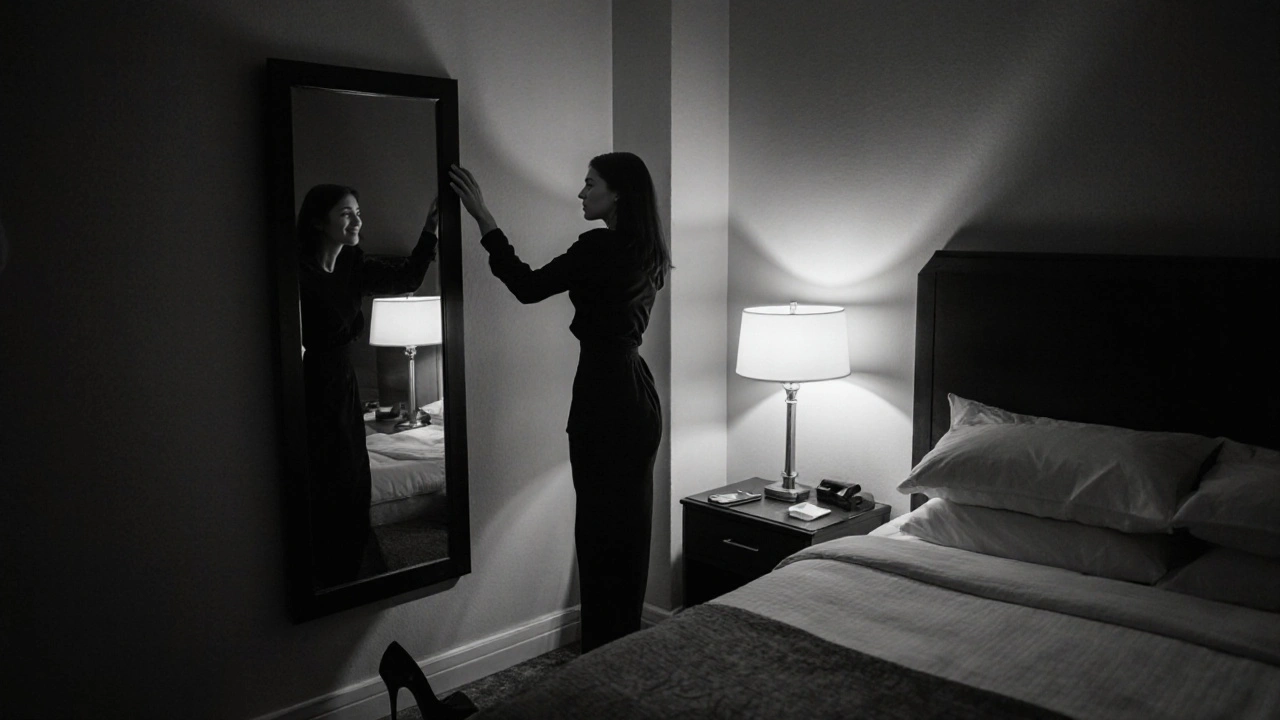 Model alone in a hotel room at dusk, reflecting exhaustion after a long day of shoots.
