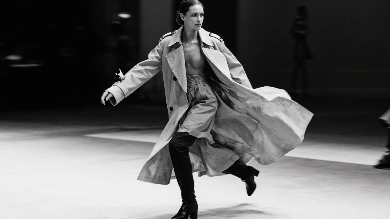 Model frozen mid-stride on runway, coat flowing, head up, no smile, capturing motion and tension in fashion photography.