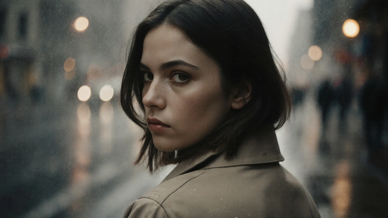 Model glancing back over shoulder with flowing coat, side lighting creating intimate cinematic mood.