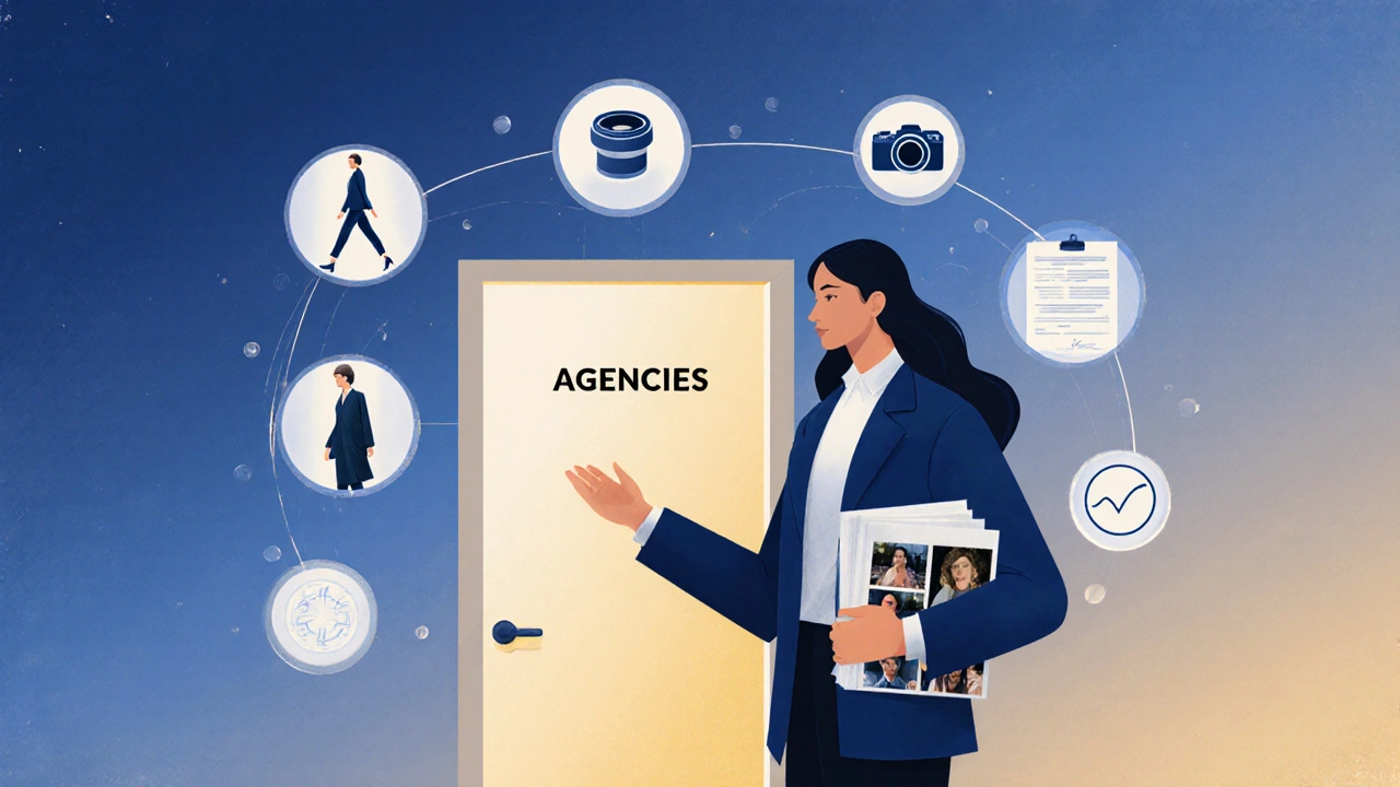 Model holding portfolio as glowing door to agencies appears with icons of modeling skills around them.