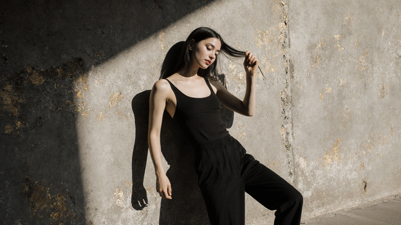 Model leaning against a wall, spine straight, one hand holding hair, calm and powerful posture.