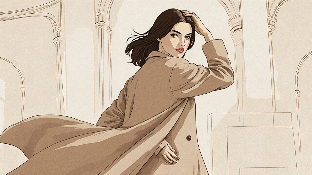 Model looking over shoulder with coat trailing, mysterious gaze, muted tones, editorial style evoking 90s fashion aesthetics.