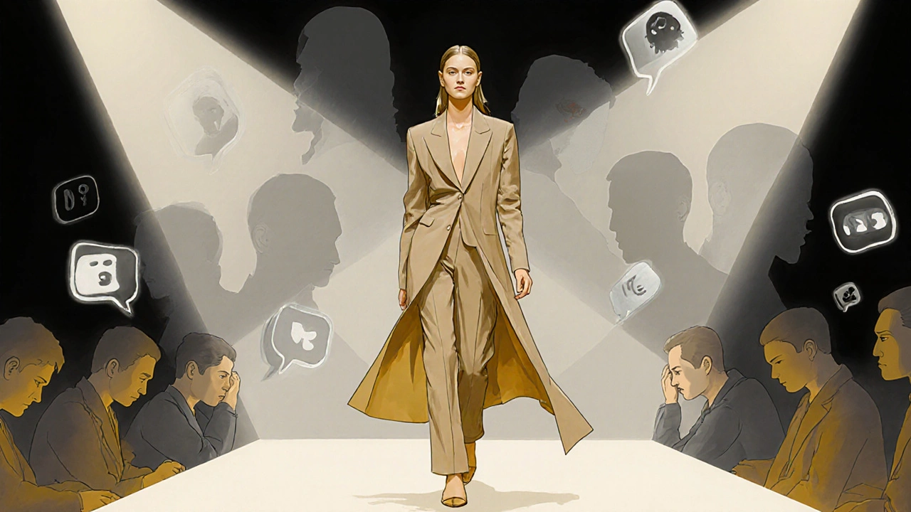 Model on runway with fading social media ghosts, radiating quiet confidence.