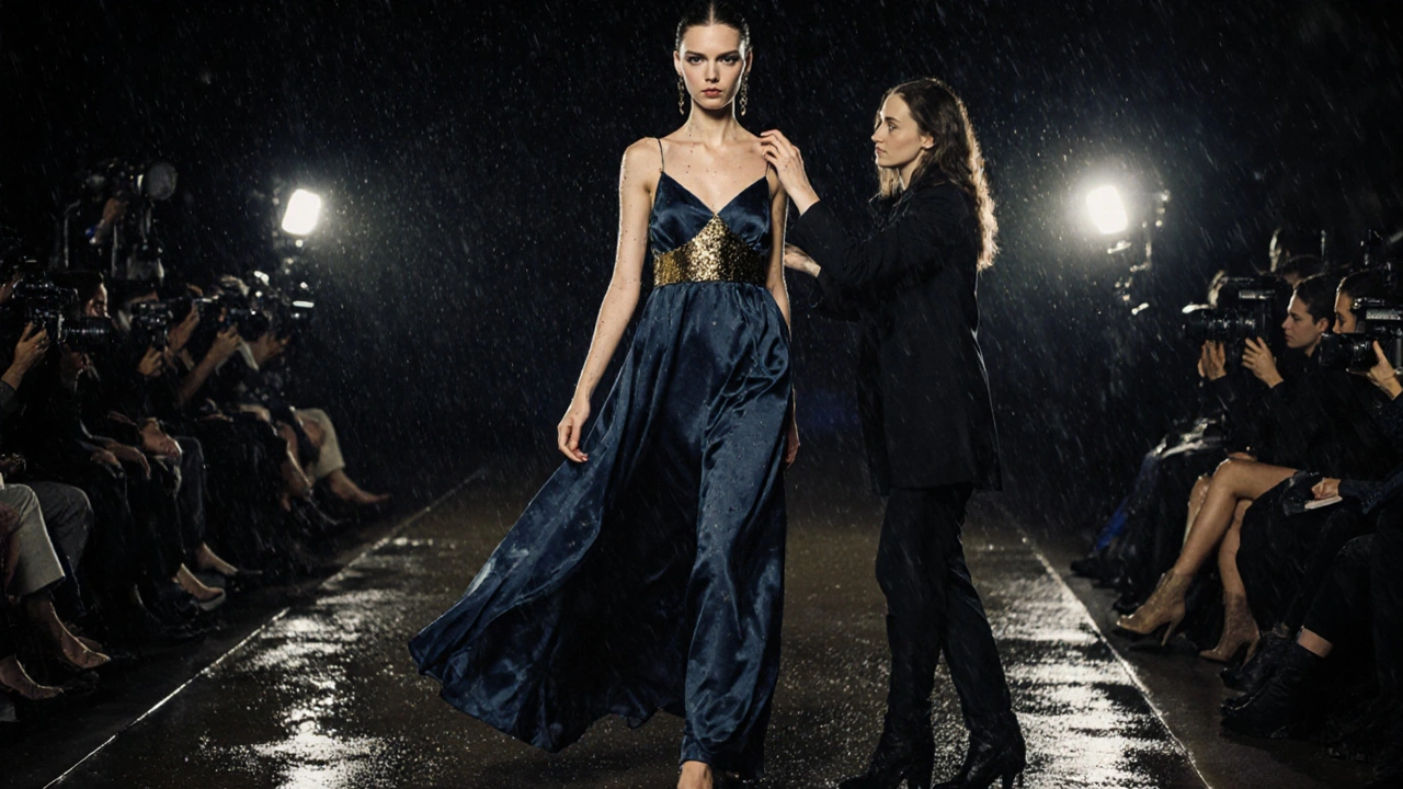 Model posing confidently on a wet runway during a high-fashion photoshoot with camera flashes.