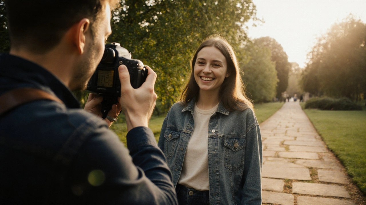 Model posing naturally in a quiet park during golden hour, guided by a photographer.