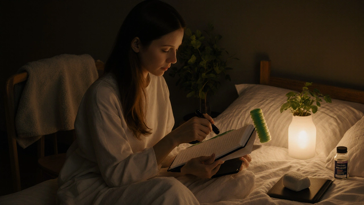 Model practicing self-care at night with journal and foam roller, phone face down.