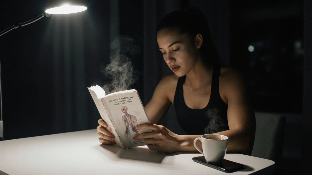 Model reading a physiology book at night, tea beside them, phone off, peaceful evening routine.