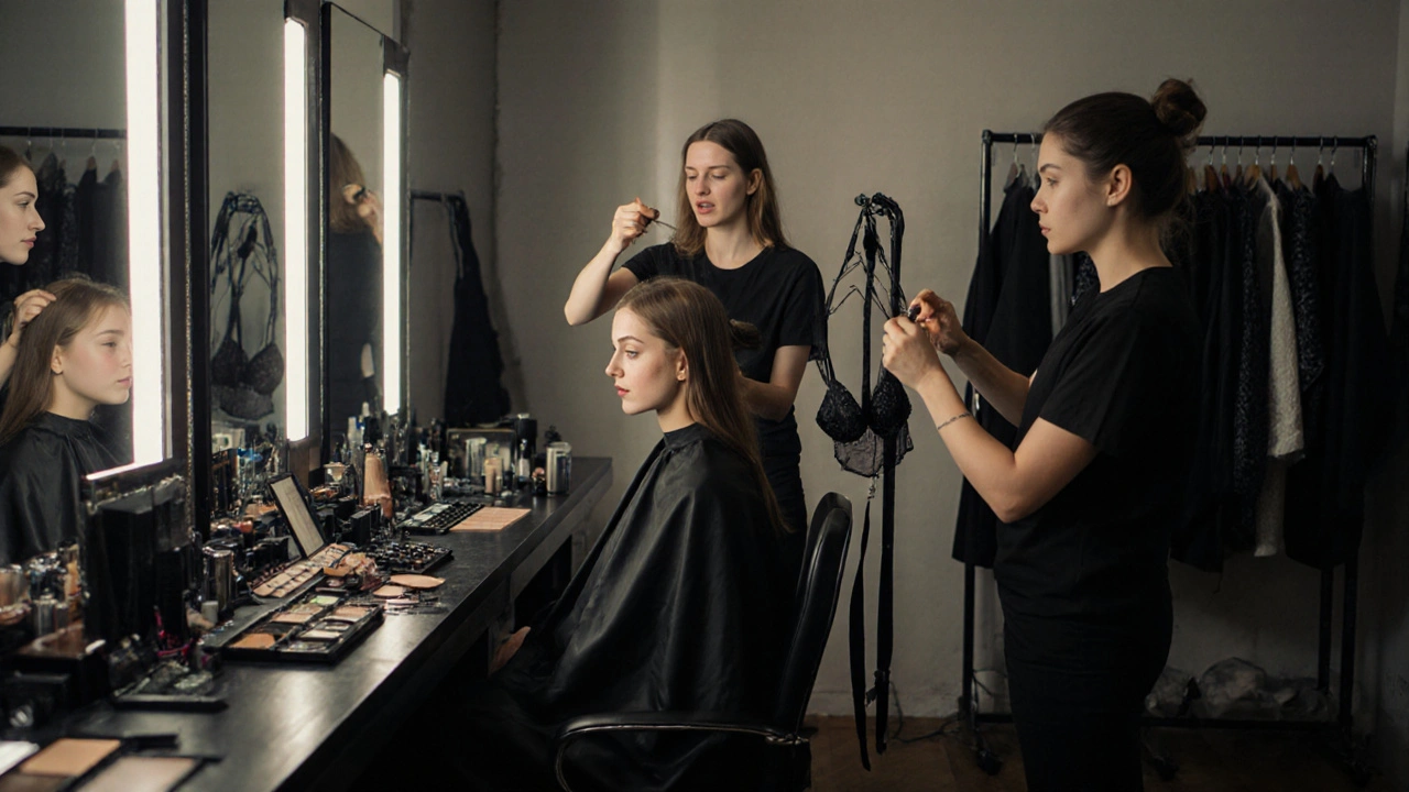 Model undergoing precision hair, makeup, and wardrobe preparation in a busy studio with multiple professionals.