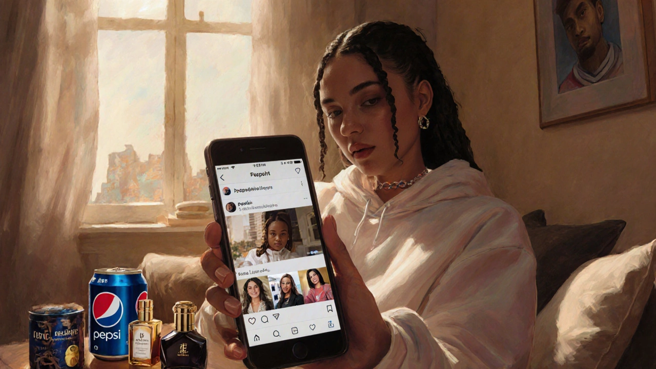 Modern model taking a selfie in a Brooklyn apartment with luxury brand products around her