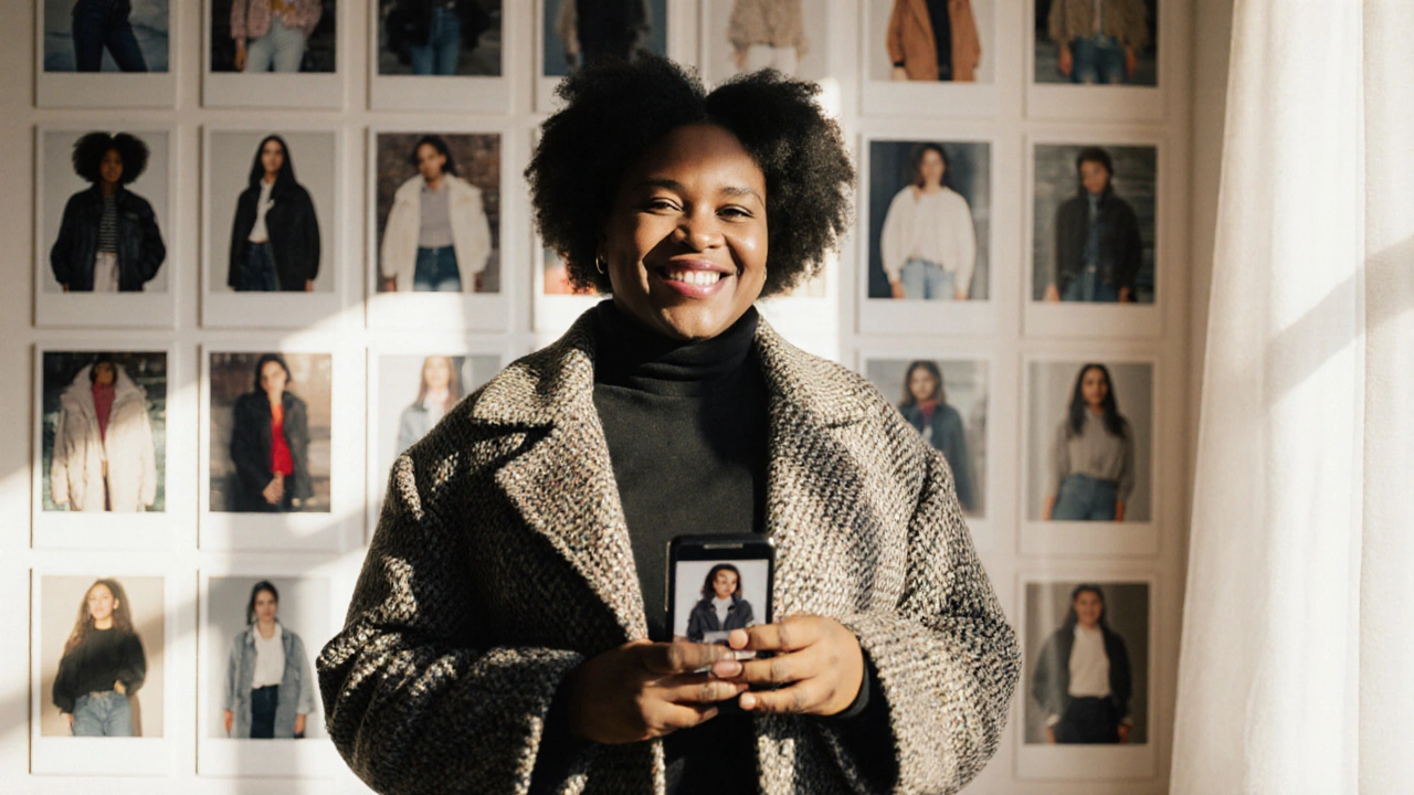 Naima Jeffery, a woman with Down syndrome, smiling confidently in a thrifted coat, holding her smartphone with a brand campaign on screen.