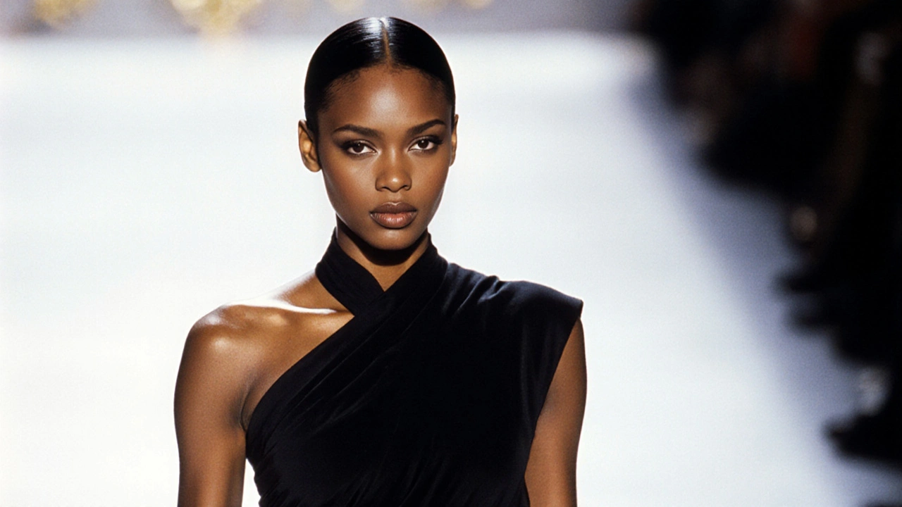 Naomi Campbell striding confidently on runway in black dress with intense gaze.