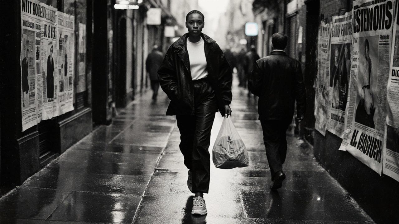 Naomi Campbell walking through a rainy London alley in worn sneakers, determined, surrounded by fashion flyers.