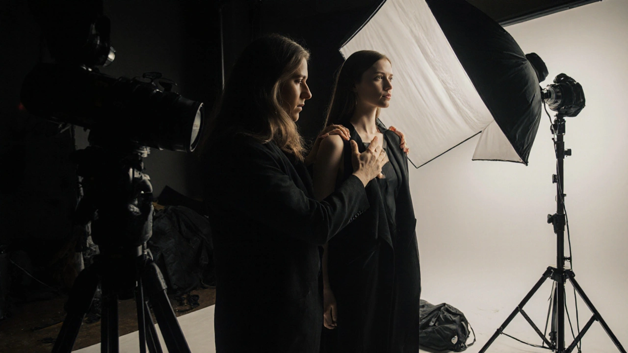 Photographer gently guides a model’s posture in a studio with soft, sculpting light.