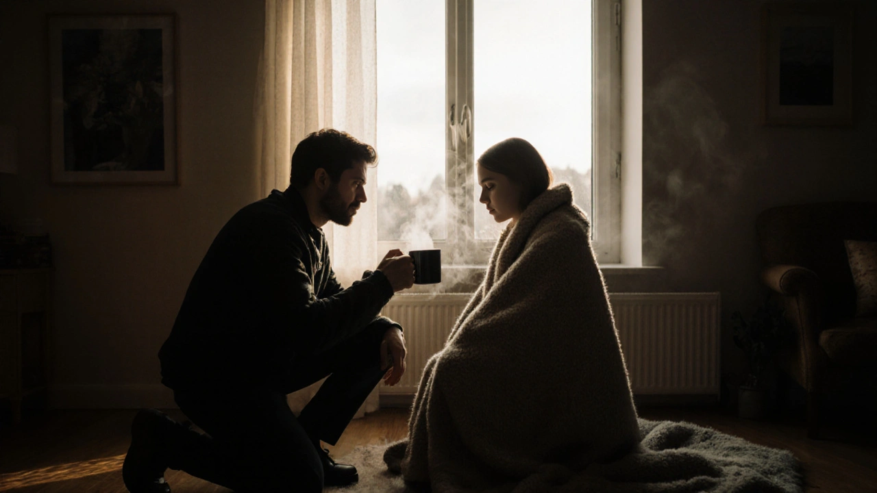 Photographer offers comfort to a model wrapped in a blanket after a long shoot.