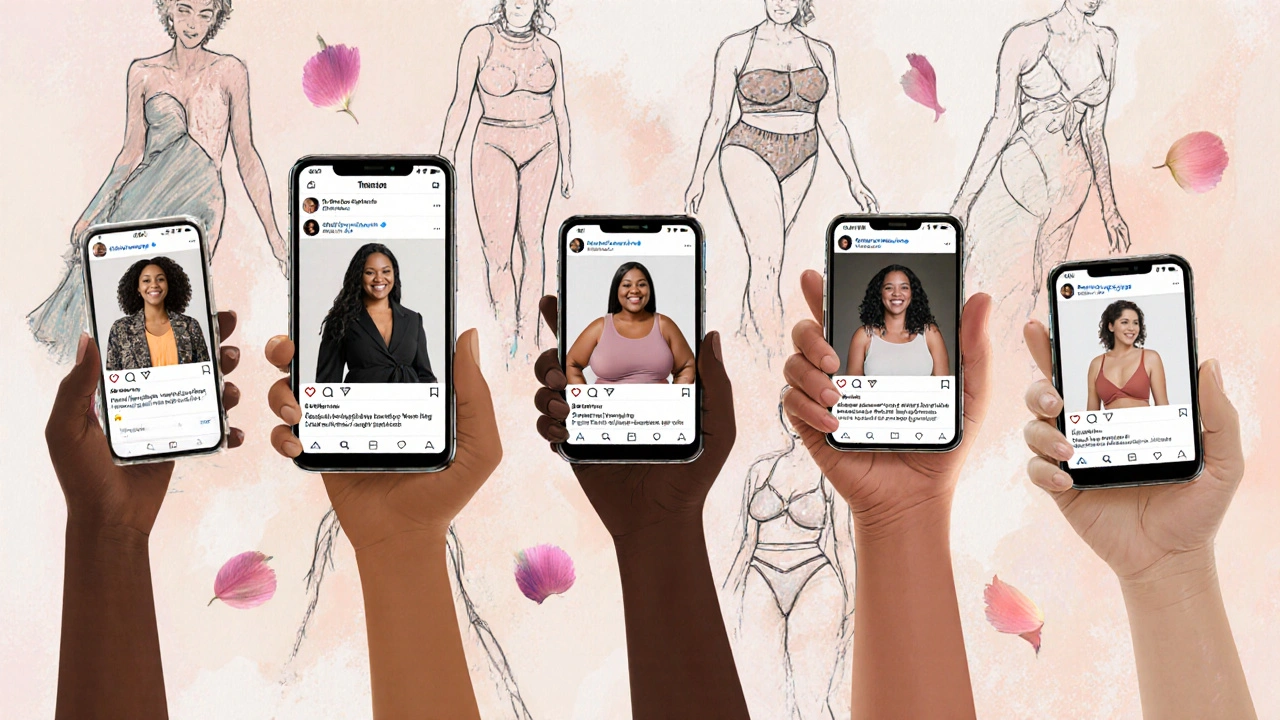 Smartphones displaying social media posts of real women in fitted clothes, surrounded by fashion sketches.