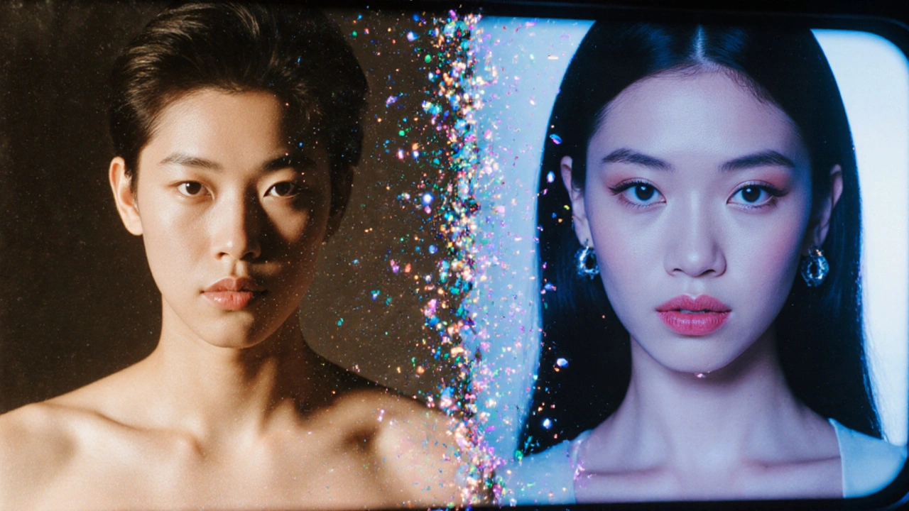 Split-screen image comparing vintage glamour photography with modern filtered social media aesthetics.